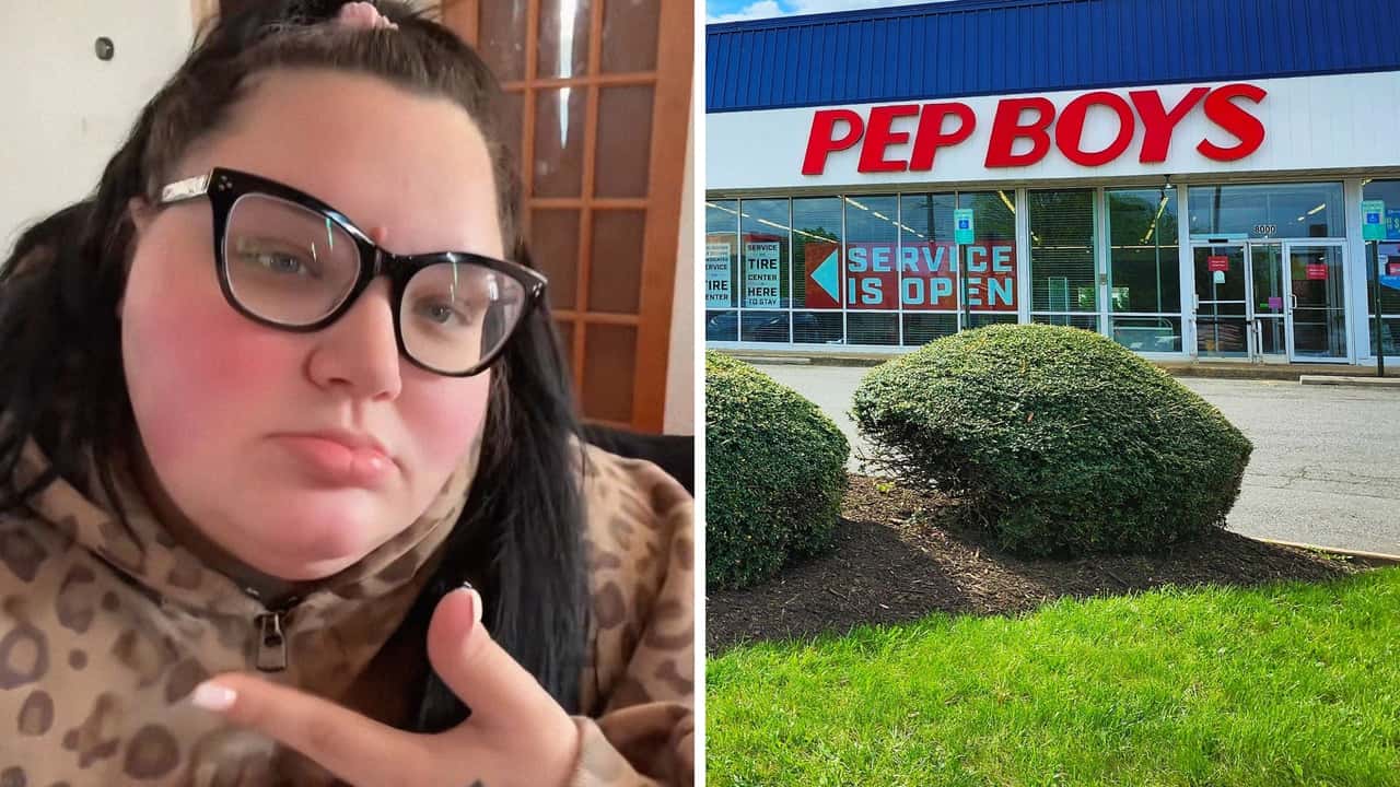 Volkswagen driver goes to Pep Boys. Then they tell her what the price is for an oil change