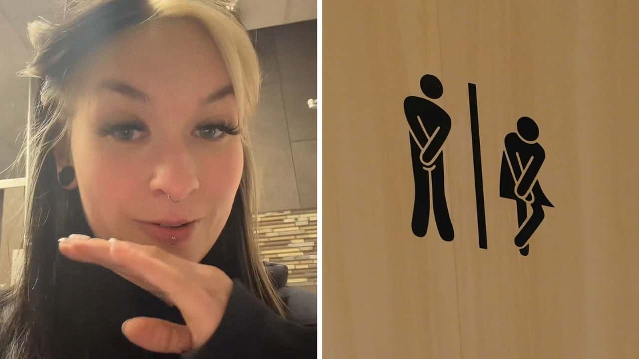 Woman goes to gas station bathroom