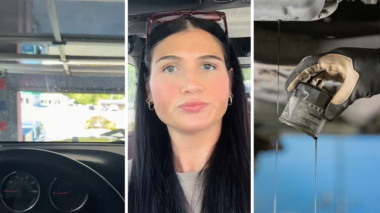 Woman goes in for an oil change. She gets strange looks when she decides to stay in the car