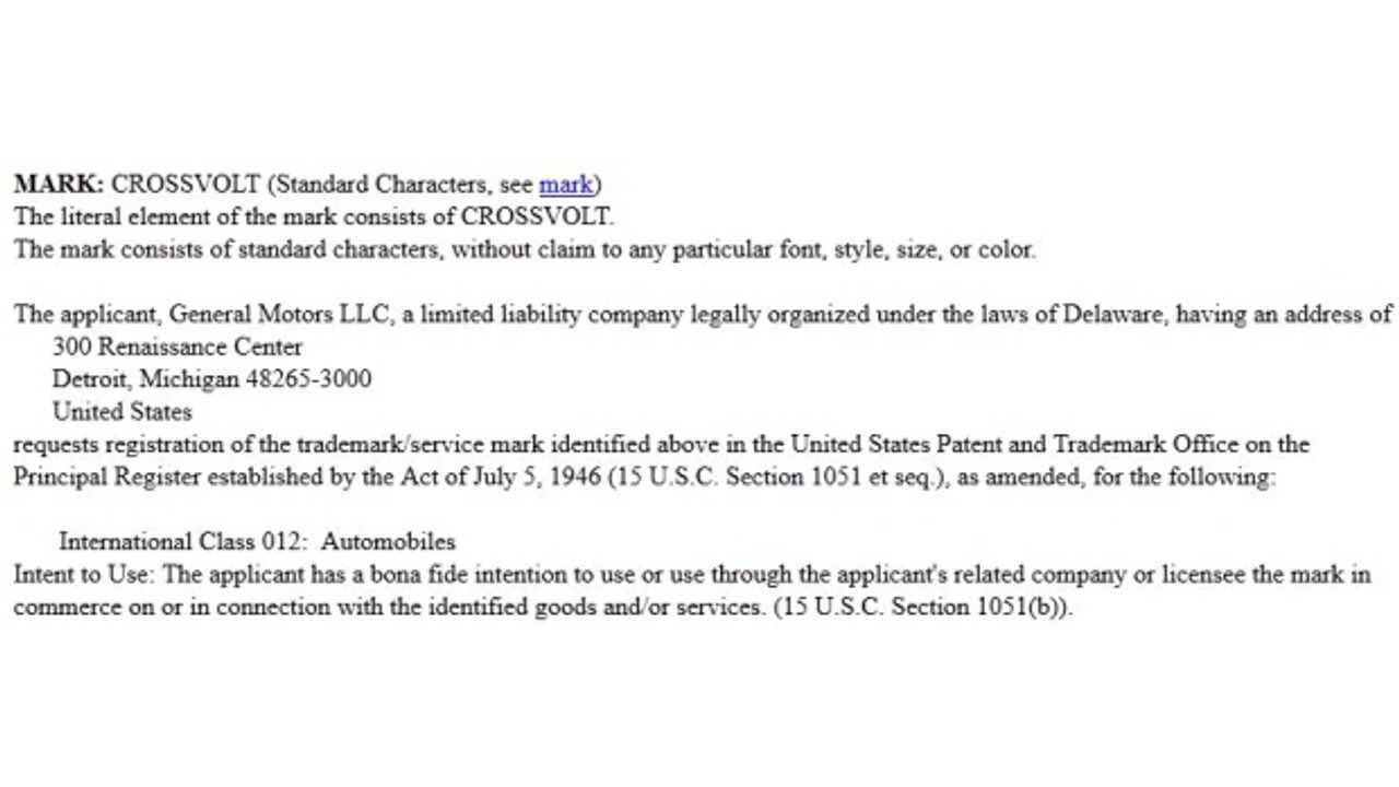 Original CrossVolt Trademark Filing. This Filing Was Recently Extended By GM.