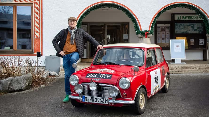 On the road in an old rally Mini from the 1960s