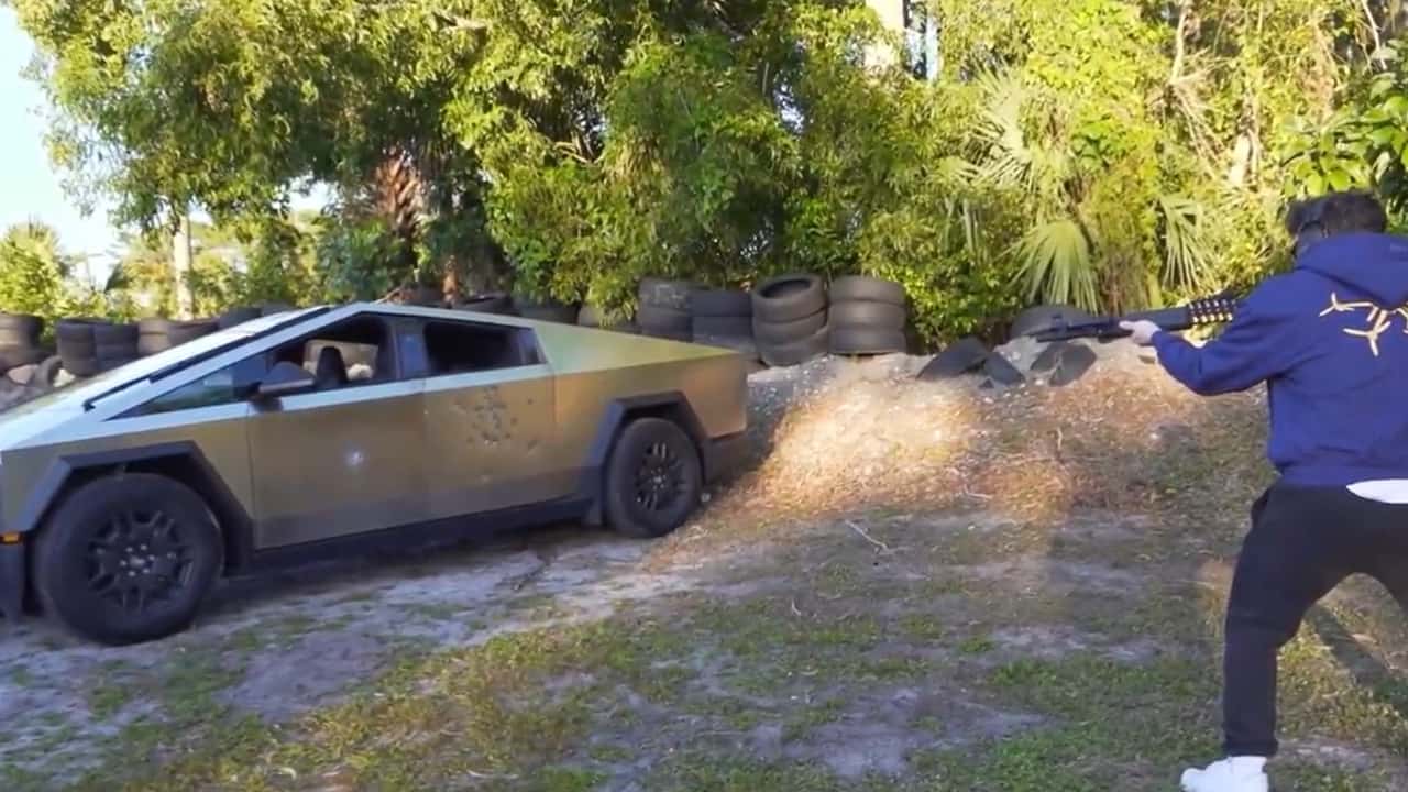 Watch Tesla Cybertruck Owner Shoot Bullets At His Truck With Submachine