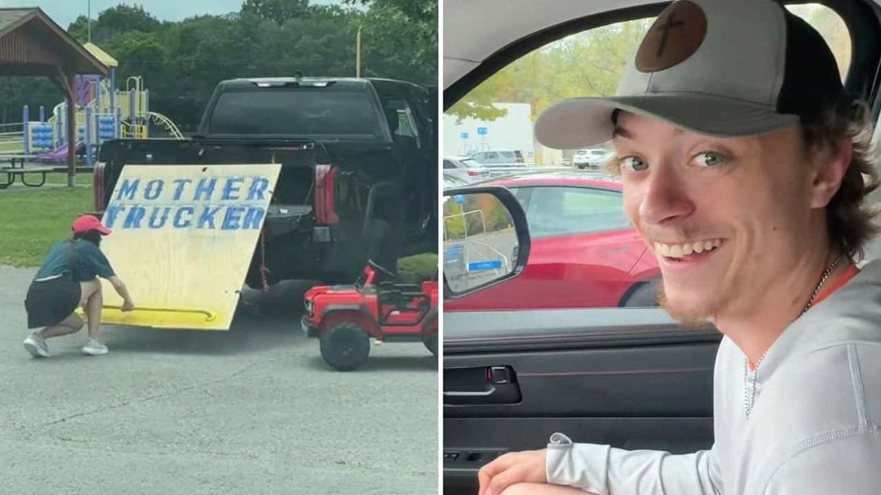 Men record woman lifting up her toddlers toy car on her pickup