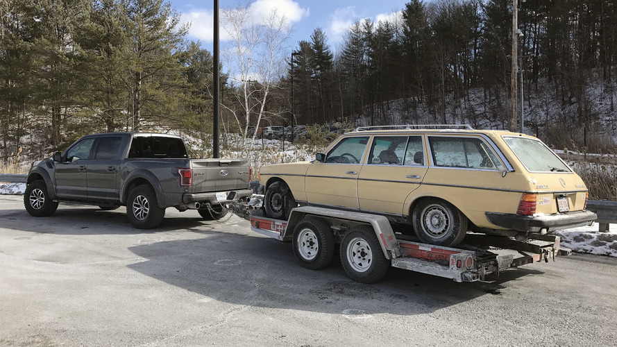 2017 Ford F-150 Raptor towing a 1984 Mercedes-Benz 300TD Wagon