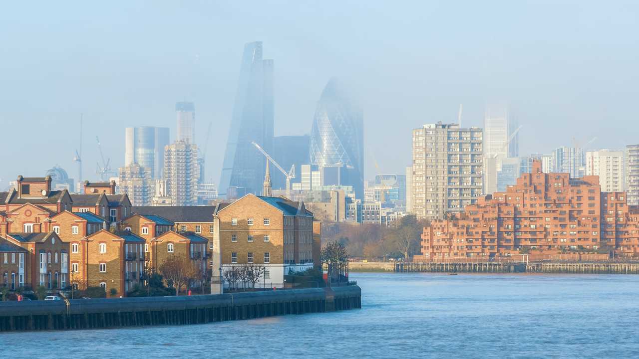 Hazy view of London seen from Canary Wharf