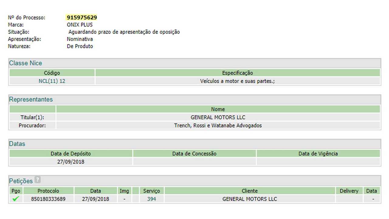 Chevrolet Onix Plus - Registro no INPI