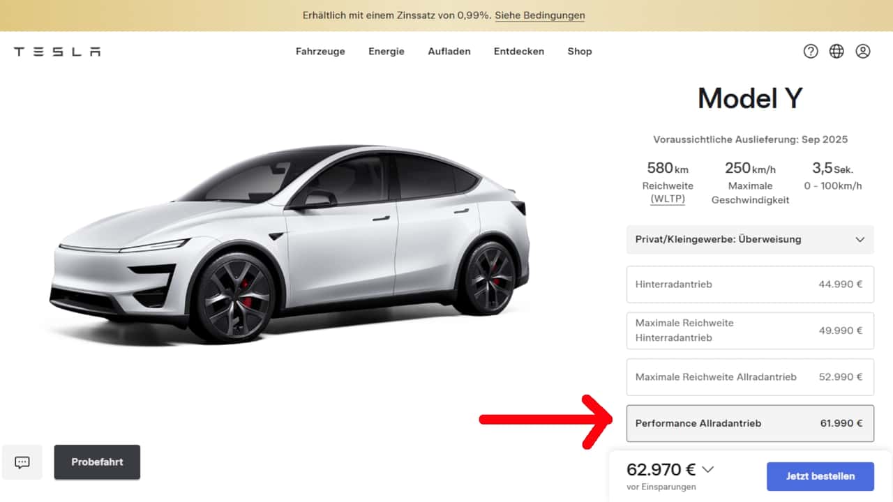 Tesla Model Y Performance im deutschen Konfigurator
