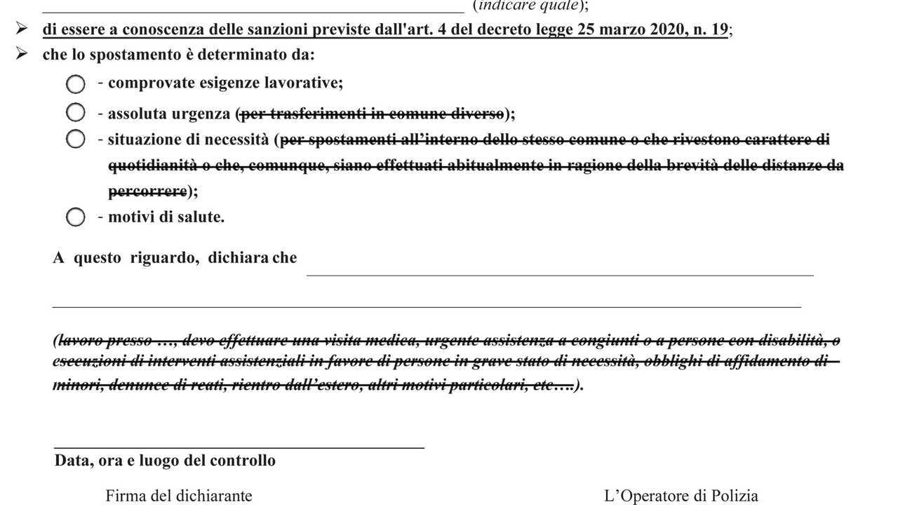 Modulo autocertificazione Maggio 2020 (precedente barrato)