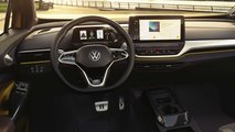 Das Cockpit des ID.4 1ST: Kleines Instrumentendisplay, großer Touchscreen und Fahrmodus-Wahl (D/B, N, R) rechts hinter dem Lenkrad