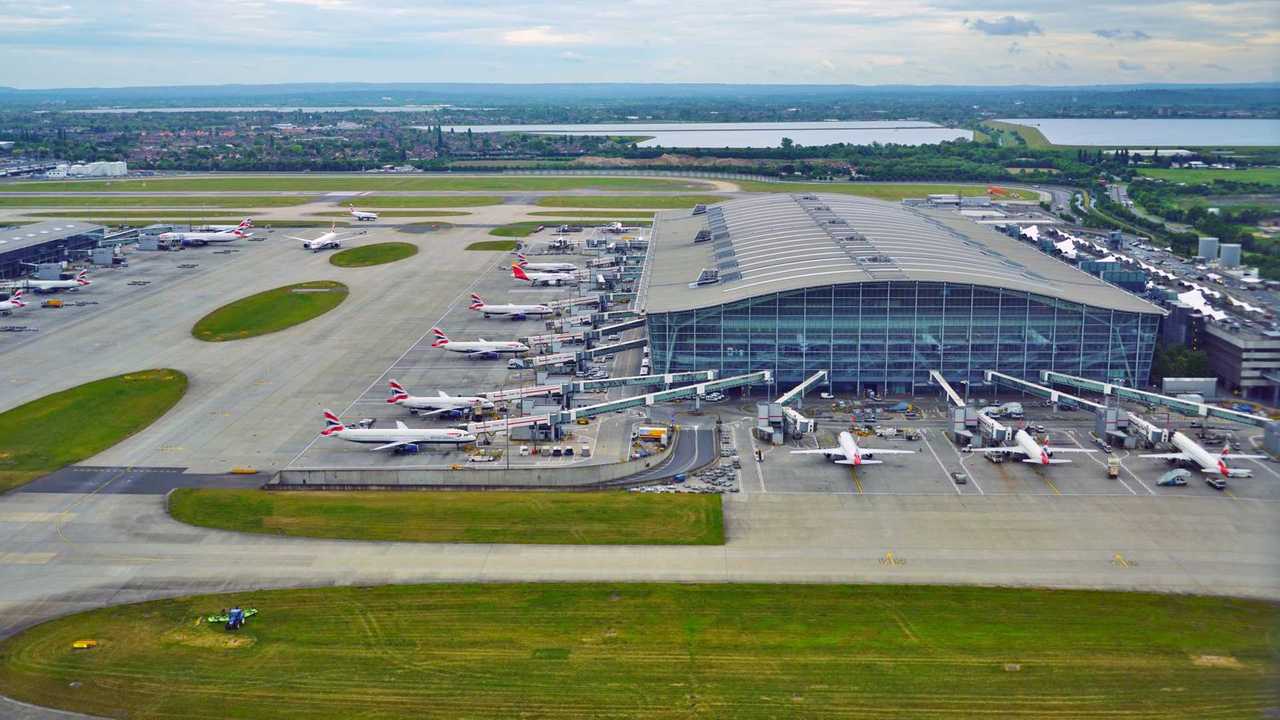 Aerial view of airplanes at London Heathrow Airport