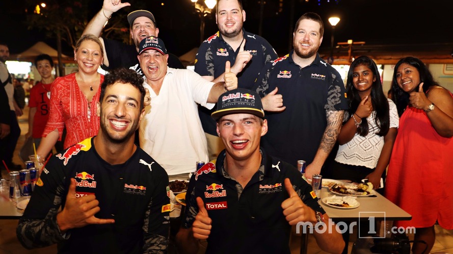 Daniel Ricciardo Red Bull Racing and Max Verstappen Red Bull Racing at Newton Food Centre
