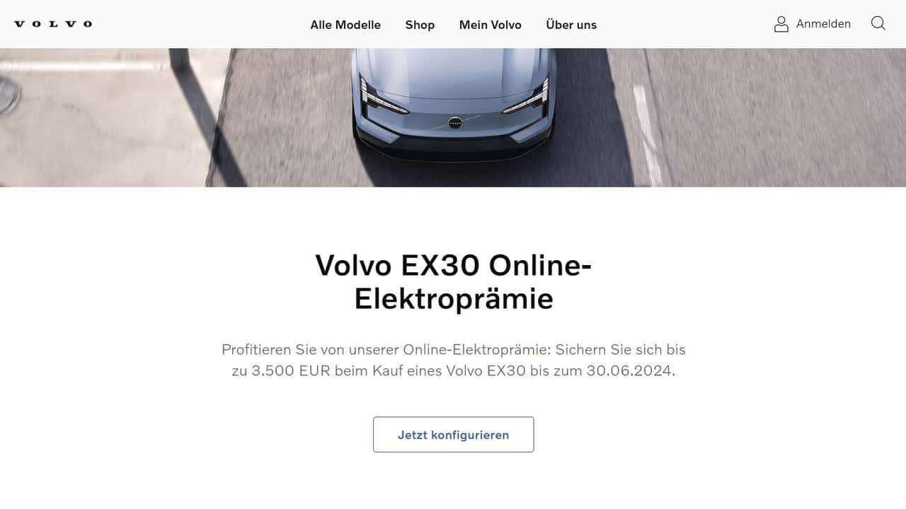 Volvo EX30 mit Elektroprämie (Screenshot von der Volvo-Website)