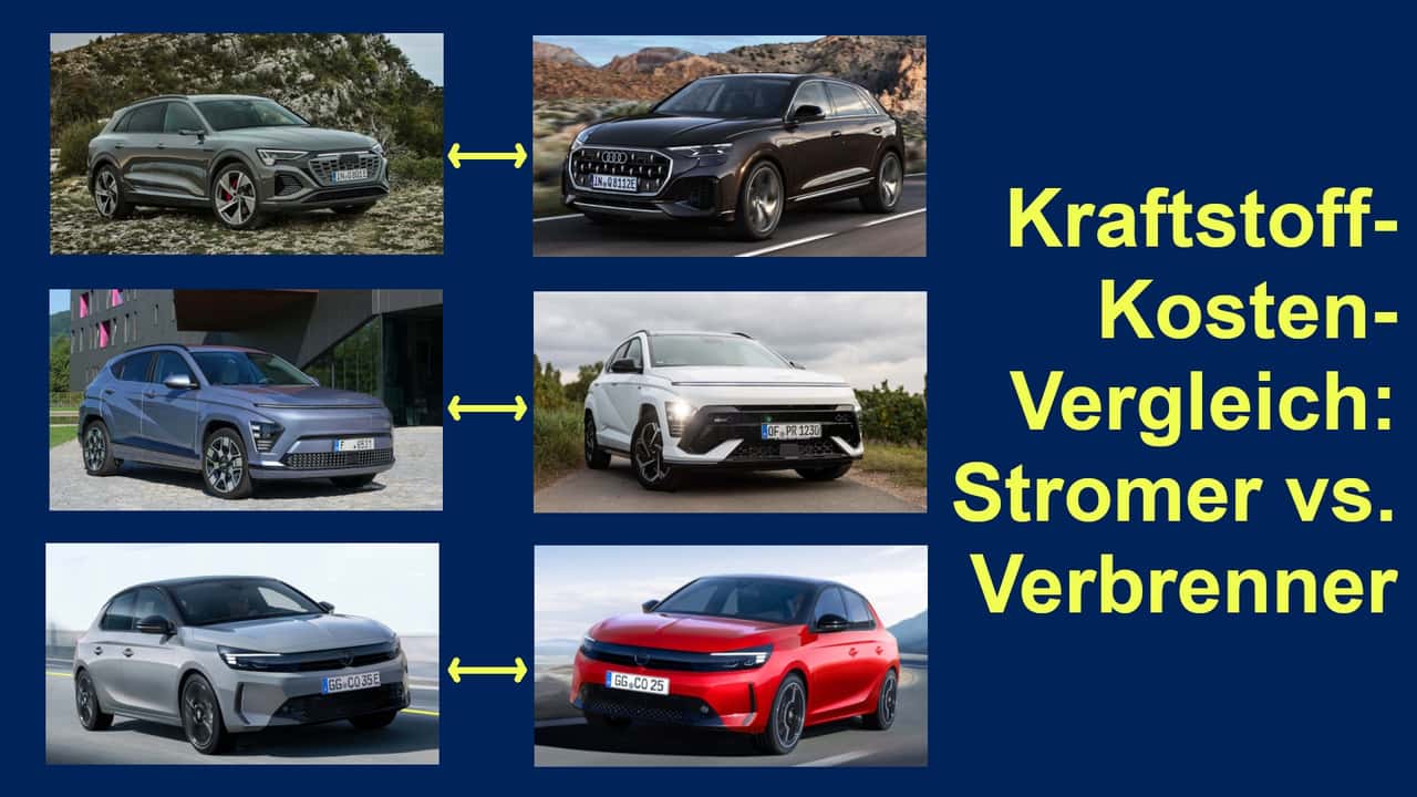 Kleiner Kraftstoffkosten-Vergleich (die 3 untersuchten Modelle als Elektroauto und als Verbrenner: Audi Q8, Hyundai Kona und Opel Corsa, Collage)
