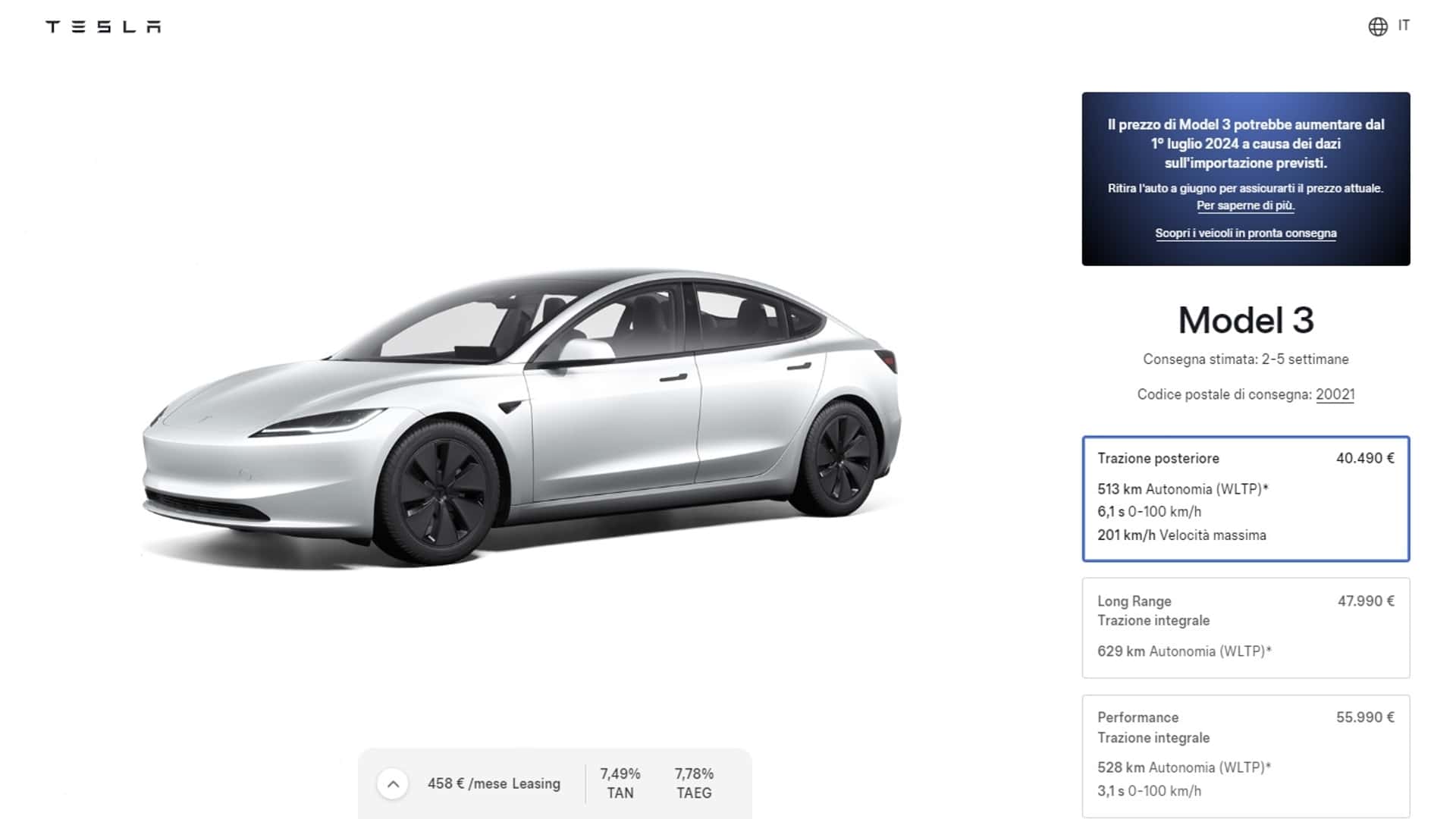 Tesla Model 3: aumento dei prezzi per rispondere ai dazi
