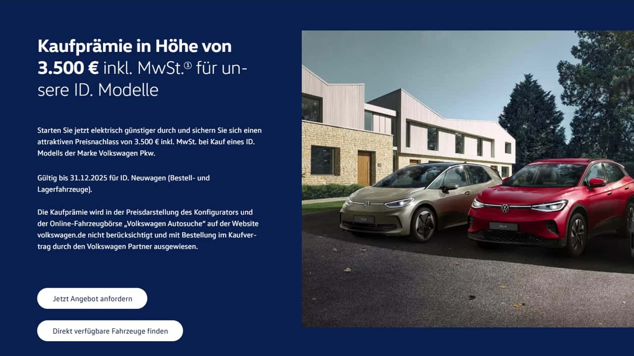 VW-Kaufprämie: 3.500 Euro auf die ID-Modelle (Screenshot vom 1. Oktober 2025) 