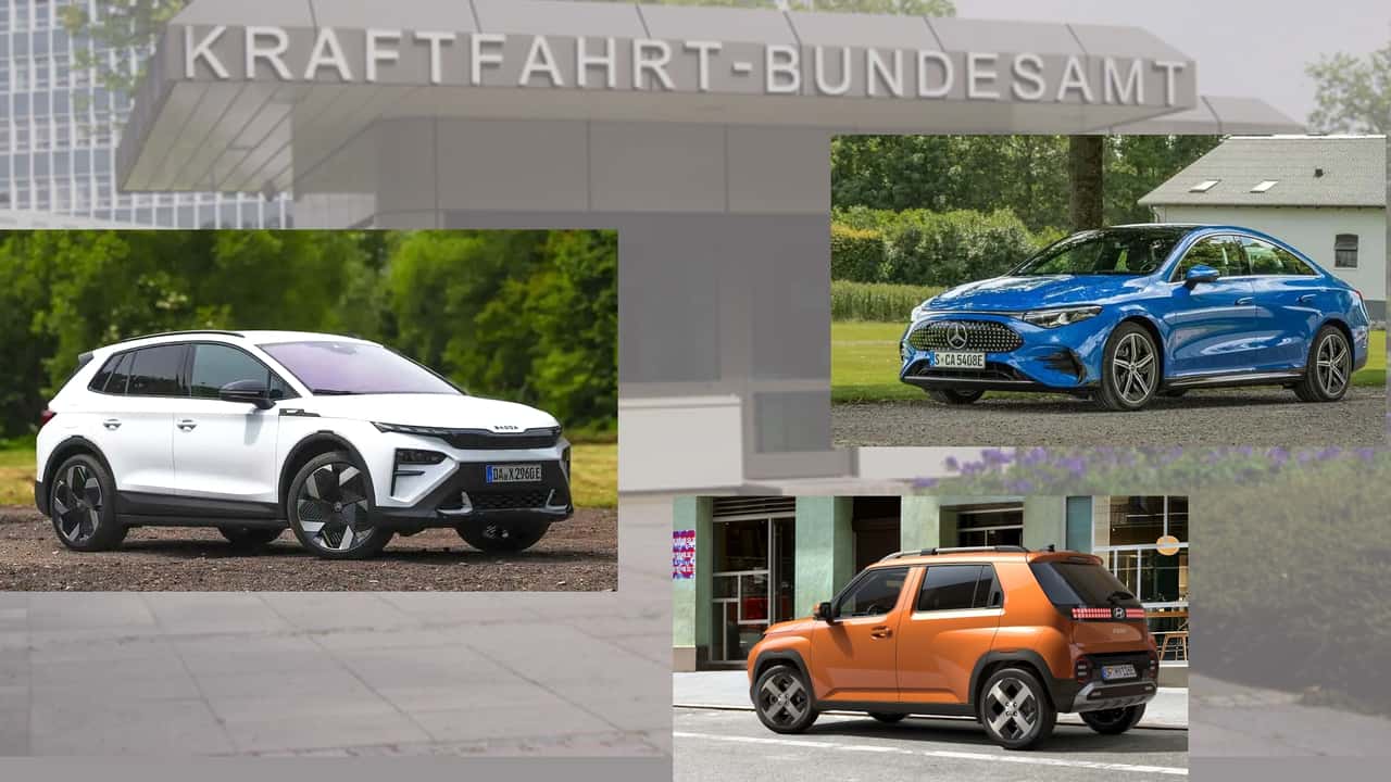Collage: Skoda Elroq, Mercedes CLA EQ und Hyundai Inster mit KBA-Gebäude im Hintergrund