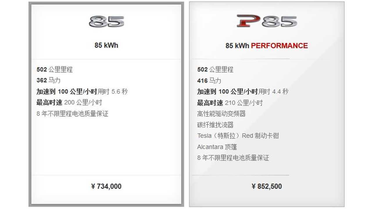 Gone is the 60 kWH Version in China - Your Choices Are Limited to 85 kWH and P85 Versions of the Model S
