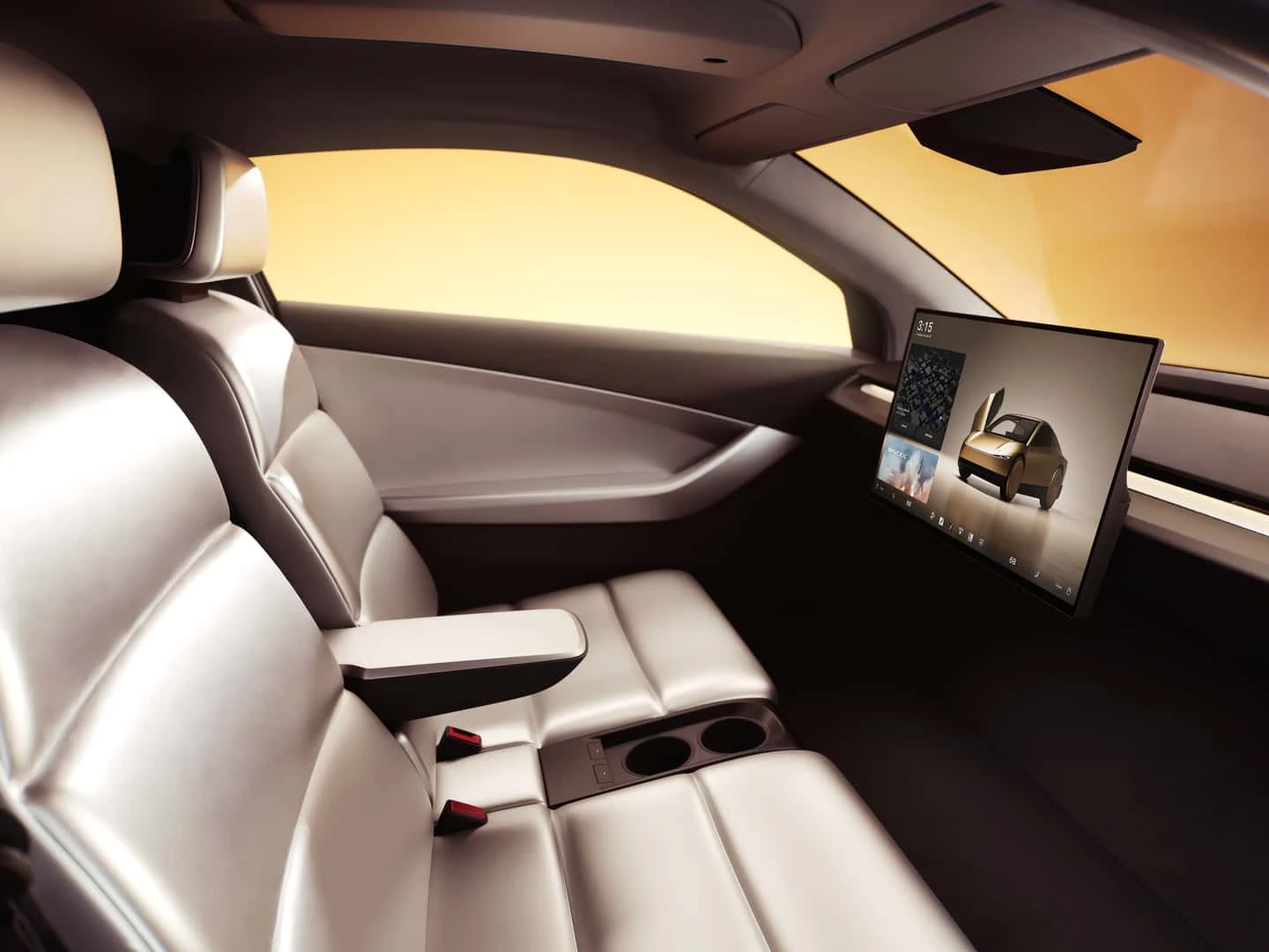 Detailed interior of Tesla Cybercab showing premium seating and large rear touchscreen