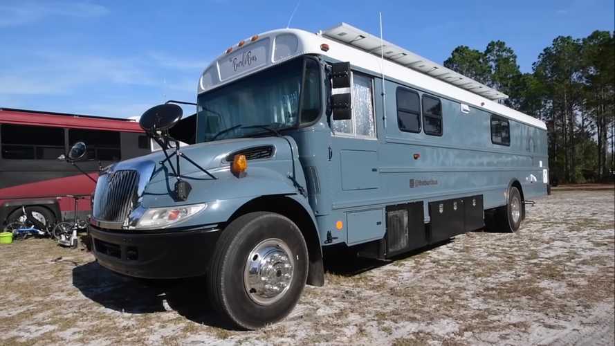 School bus motorhome conversion has enough living space for family of three