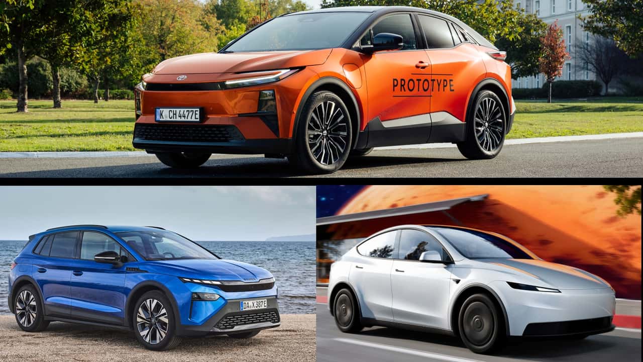Collage: Toyota C-HR+ mit Konkurrenten Skoda Elroq und Tesla Model Y 