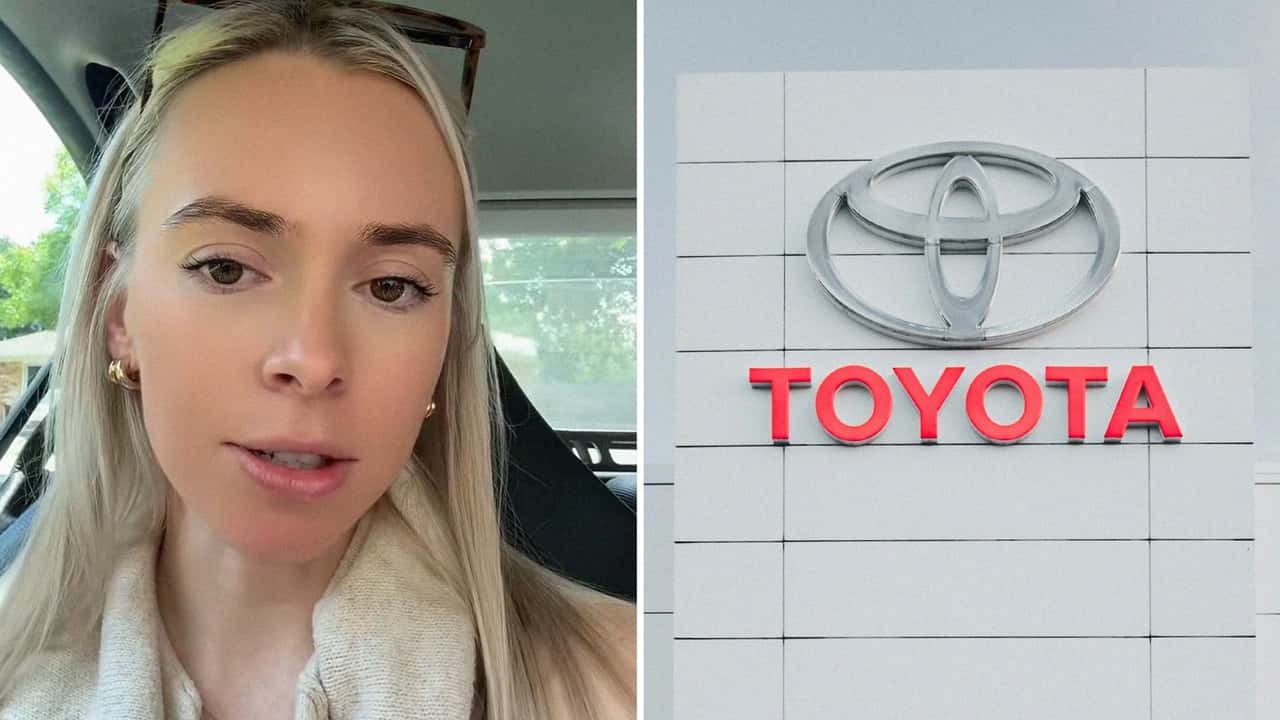 Woman shares frustration trying to buy vehicle at dealer(l) Toyota Dealer logo on building(r)