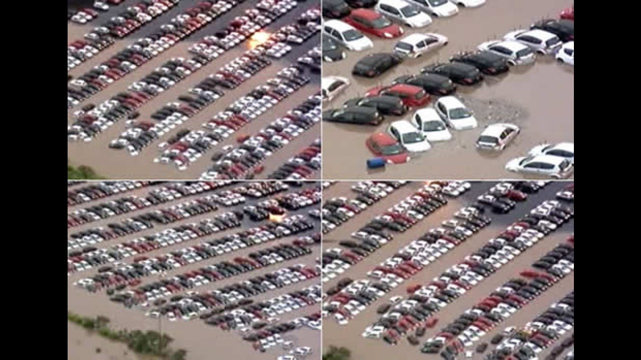 Forte chuva alaga pátio de carros novos da Ford - KAs 0km foram atingidos