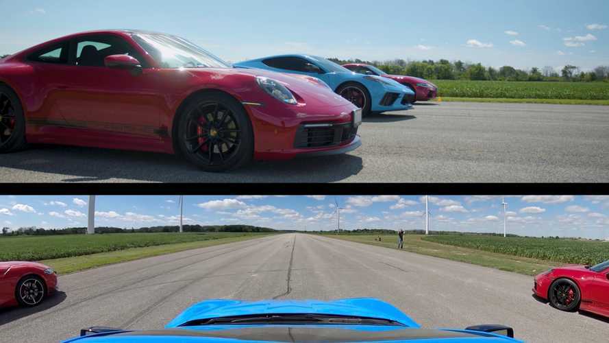 Chevy Corvette, Porsche 911, And Toyota Supra Run A Three-Way Drag Race