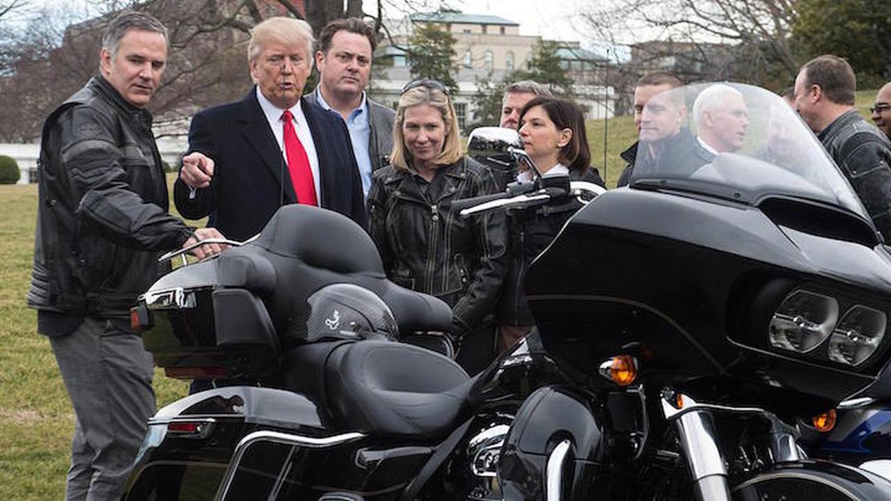 President Trump talking to Harley-Davidson CEO Matt Levatich during a February 2017 meeting with H-D executives and union representatives.