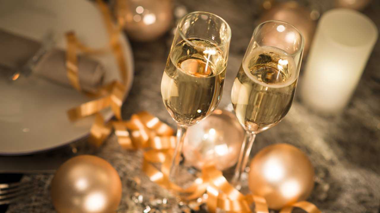 New Years eve party table with glasses of champagne