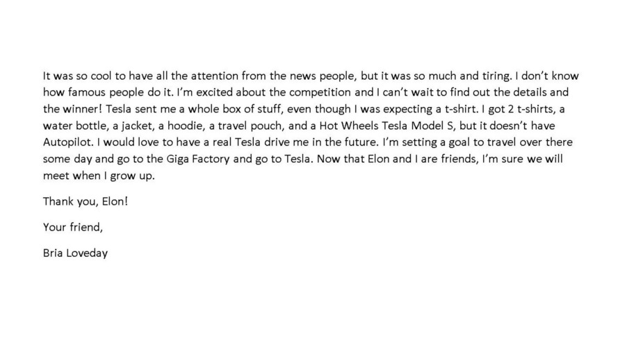 Letter from Bria to Tesla CEO Elon Musk