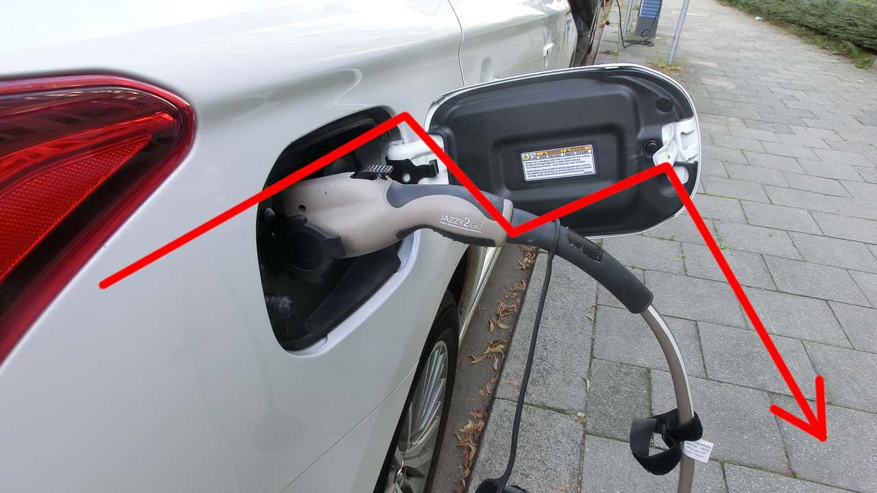 Elektroauto-Tendenz: Ladevorgang roter Pfeil nach unten (Symbolbild)