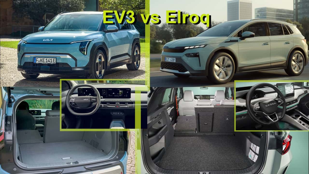 Collage zu unserem Vergleich zwischen Kia EV3 (links, mit Kofferraum und Cockpit) und Skoda Elroq