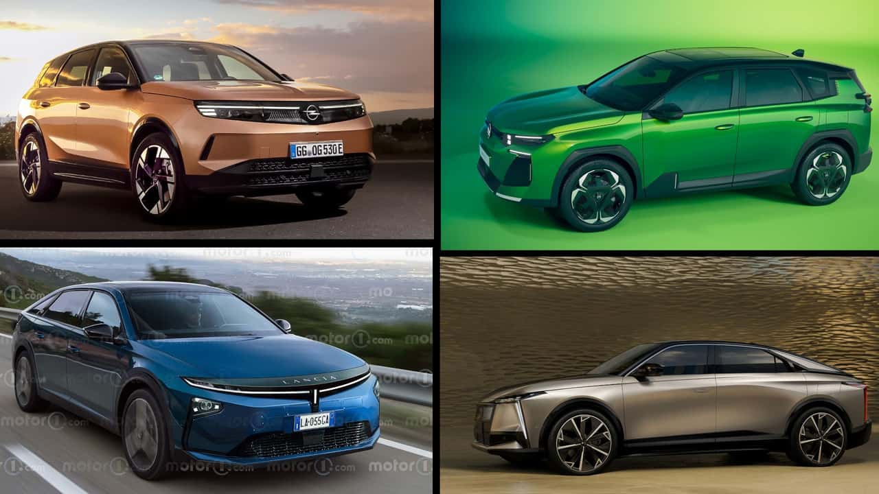 Collage: Vier Elektroautos auf Basis von STLA Medium