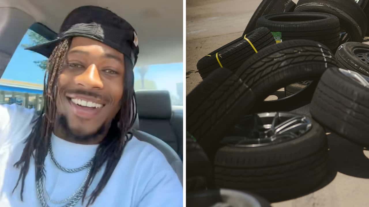 Customer brings car into tire shop. Then the worker takes a closer look at the ‘Goodtrip’ tires