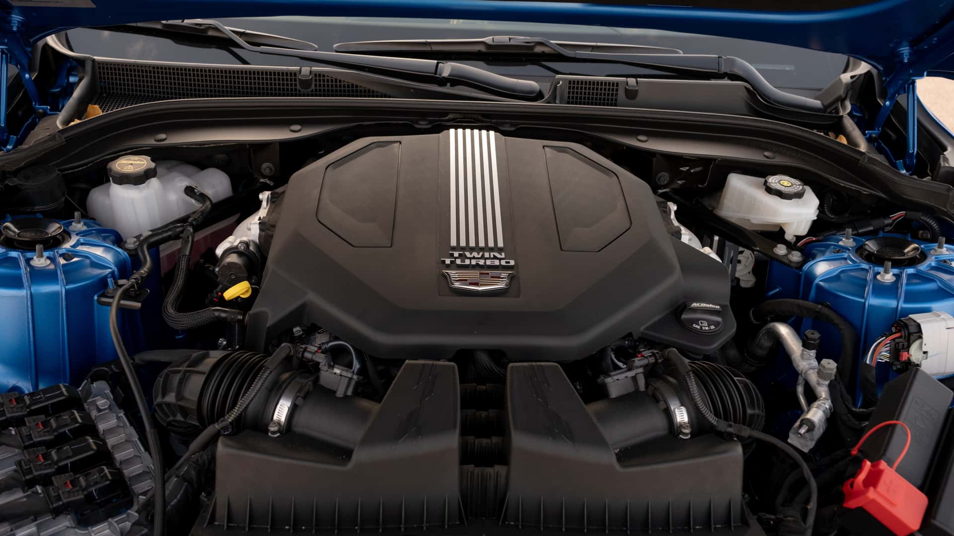 Close-up view of Cadillac Twin Turbocharged engine