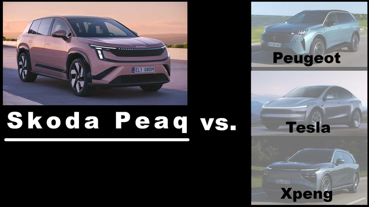 Collage: Skoda Peaq und Rivalen von Peugeot, Tesla und Xpeng V2