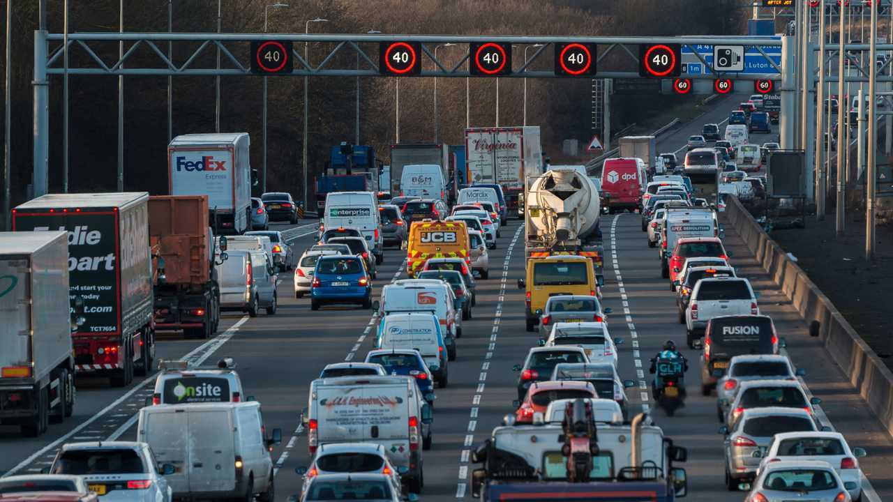 Evening traffic jam on the M1 motorway in Watford UK