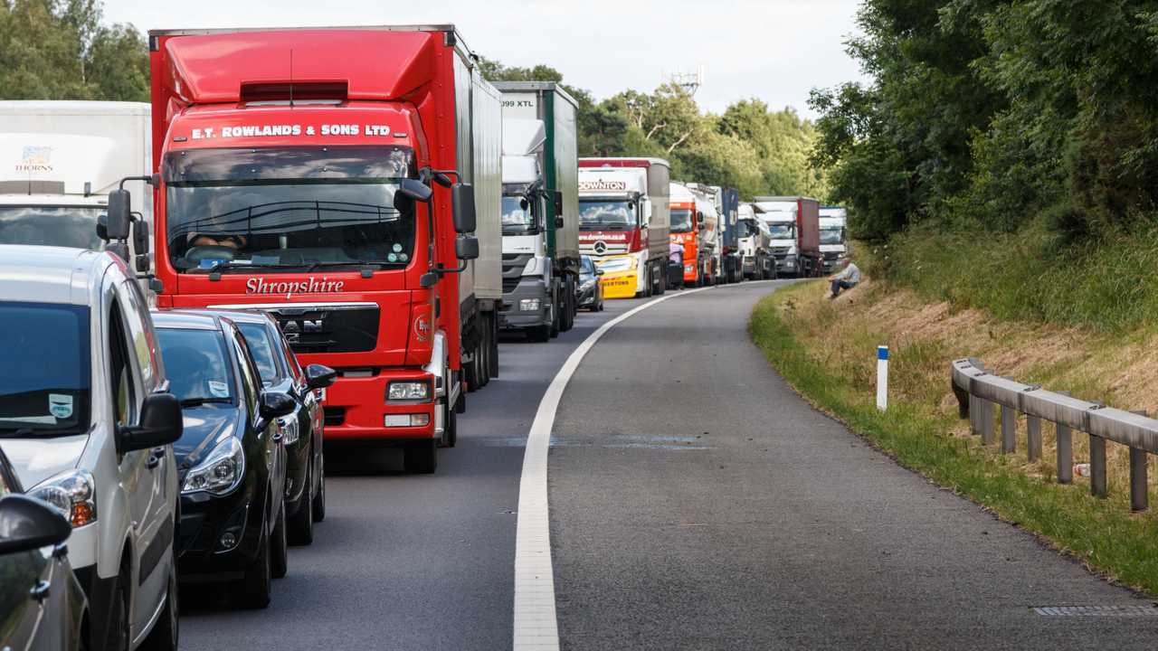 Traffic jam on M40 motorway after highway accident in Warwickshire UK