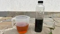 DIY Volvo ERAD fluid change on a 2023 V90 Plug-in Hybrid. The old fluid is on the right, the new fluid is on the left.