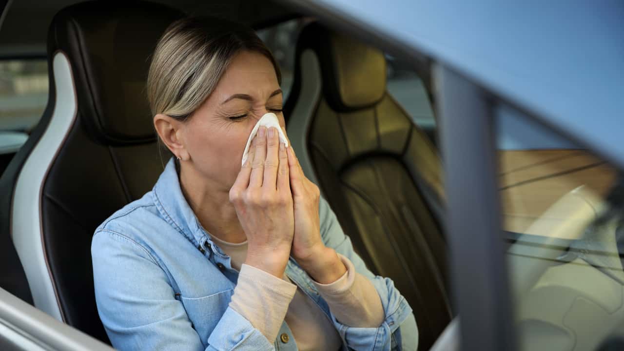 Mujer estornudando coche alergia