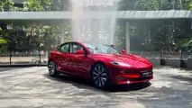 Upgraded Tesla Model 3 (Highland) debuts at the scenic Forest Valley at Jewel Changi Airport in Singapore (source: Tesla Singapore - @tesla_singapore / X)