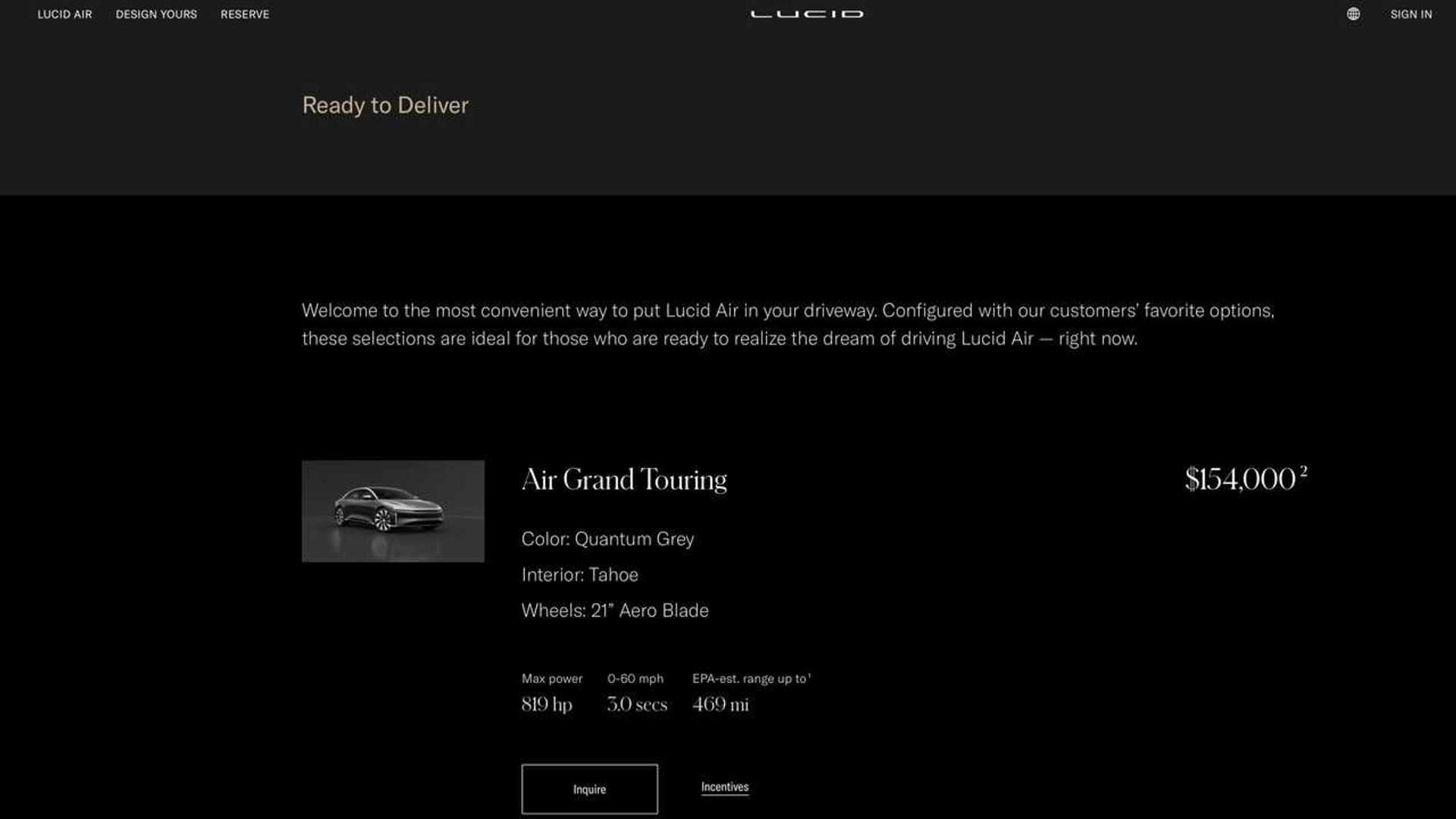 Lucid Now Offers Ready To Deliver Air EVs On US Customer site