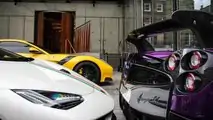 Lamborghini Centenario, Pagani Huayra BC and Ferrari F12tdf parked at hotel in London