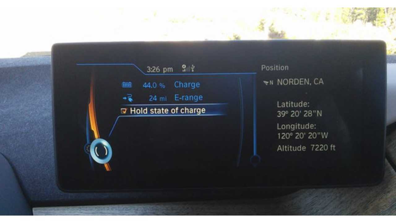 The i3, with Hold Mode engaged, a coded feature that's not available on a stock U.S. BMW i3 REx