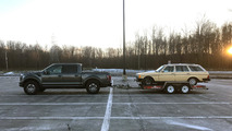2017 Ford F-150 Raptor towing a 1984 Mercedes-Benz 300TD Wagon