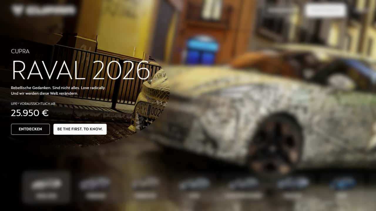Der Cupra Raval wird voraussichtlich 25.950 Euro kosten (Screenshot von der Website, partiell weichgezeichnet)