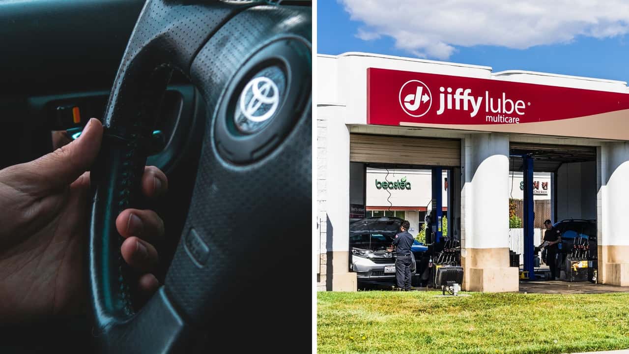 Jiffy Lube tech works on Toyota. Then he spots a Walmart service sticker