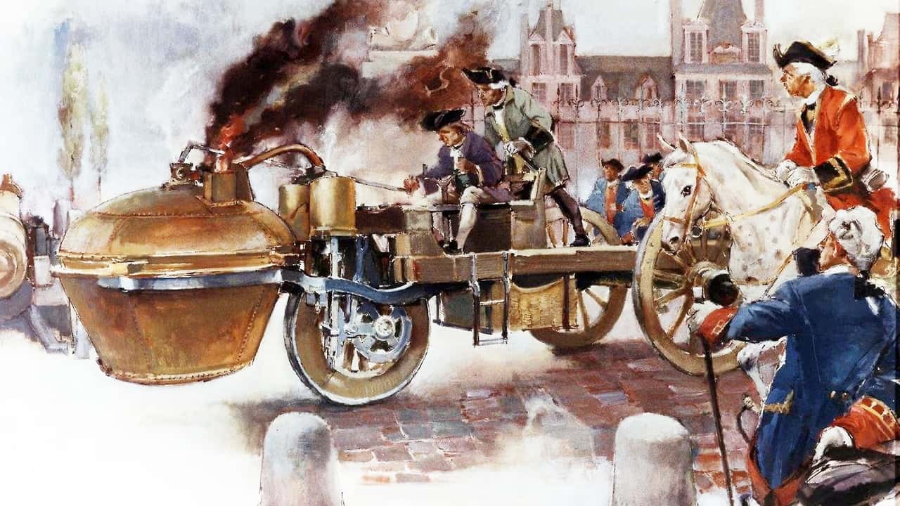 O carro a vapor de Cugnot - 1770 (arte de Hans Liska - 1958)