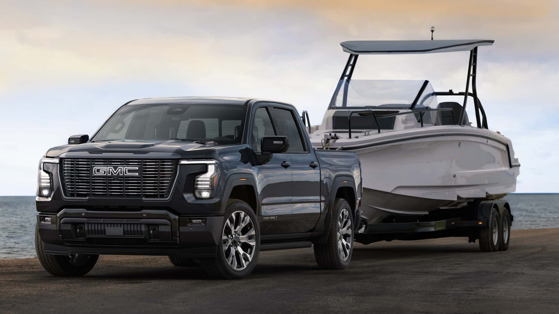 GMC Sierra 1500 Denali Ultimate 2027 с прицепом и катером