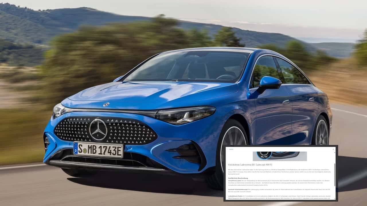 Mercedes CLA EQ mit Screenshot zum 800-Volt-Laden (Collage)
